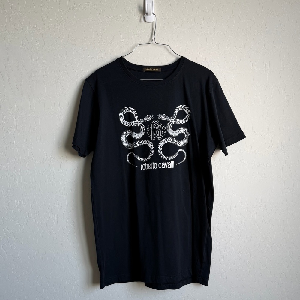 Roberto Cavalli Black Graphic Print Crew Neck T-Shirt Sz. XL